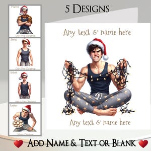 May include: A Christmas card design featuring a muscular person wearing a Santa hat, holding string lights, and wearing pajamas. The card includes the text "Any text & name here" and the option to add a name and text.