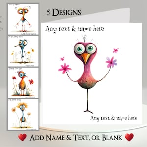 Carte oiseau : ajoutez votre texte et votre nom ~ message à l'intérieur ~ oiseau drôle, oiseau avec fleur, oiseau noir, oiseau étrange, fleurs, drôle, humoristique, mignon