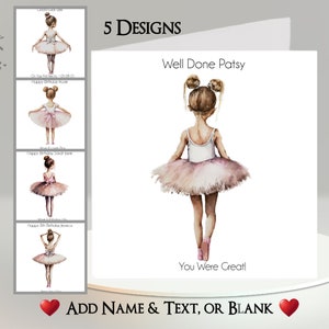 Ballerina Card: Add Your Text + Name ~ 5 Designs ~ Inside Message ~ Ballet, Ballet Shoes, Dance, Dancing, Tutu, Dance Recital, Music