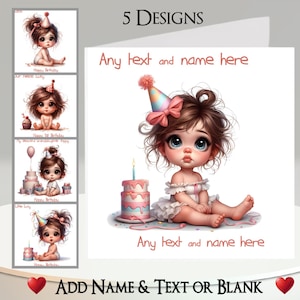 Carte 1er anniversaire : ajoutez votre texte et votre nom, message à l'intérieur, 5 motifs, gâteau d'anniversaire, bébé fille, bambin, bougies, original, fantaisiste, ballon