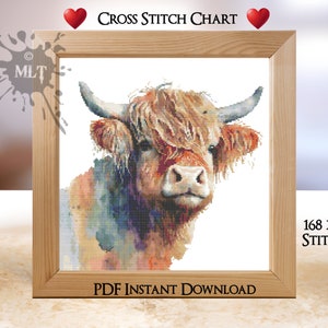 Highland Cow Counted Cross Stitch Chart: Instant PDF Download.  Coloured and Black & White Chart. Full DMC Floss List. Scottish Cow, Cattle