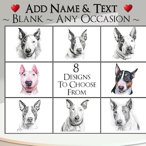 Bull Terrier-kaart: voeg je tekst + naam toe ~ binnenbericht ~ elke gelegenheid of blanco ~ hond, portret, huisdier, puppy, bull terrier, hond
