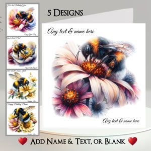 Carte abeille : ajoutez votre texte + votre nom ~ message à l'intérieur ~ bourdon, abeille, abeille sur une fleur, fleurs, nectar, abeille volante, abeille bourdonnante, insecte
