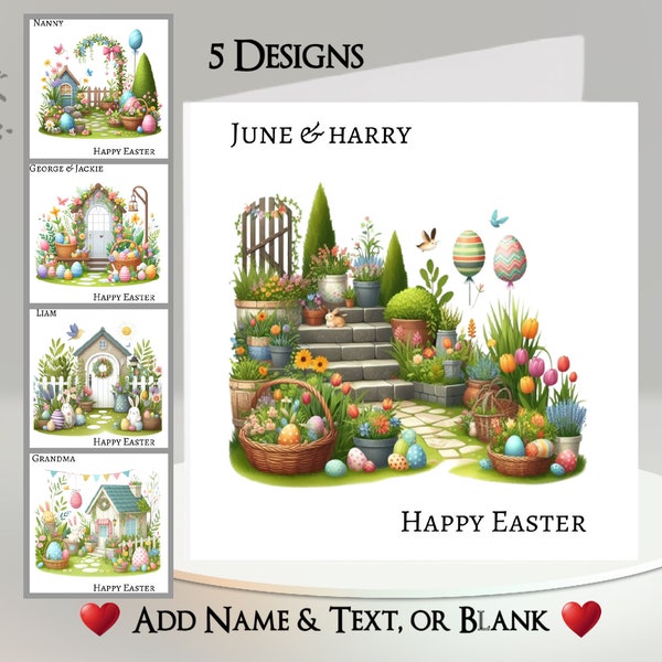 Easter Card: Personalised ~ Add Your Text + Name ~ Inside Message ~ 5 Designs To Choose From ~ Easter Eggs, House, Cottage, Garden, Flowers