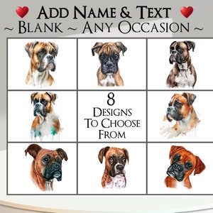 Tarjeta de Boxer: agregue su texto + nombre ~ Mensaje interior ~ Cualquier ocasión o en blanco ~ Canino, Retrato de perro, Mascota, Cachorro, Boxer, Perro