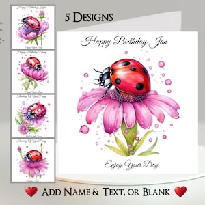 Biglietto Coccinella: Aggiungi il tuo testo + nome, messaggio interno, 5 design, Coccinella su fiore, Coccinella, Insetto, Fiore rosa, Bolle, Natura