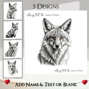 Carte renard : ajoutez votre texte et votre nom ~ message à l'intérieur ~ 5 modèles ~ dessin de renard, dessin au crayon, dessin au trait, renarde, animal sauvage, noir et blanc