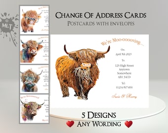 Cartes de changement d'adresse Vache Highland avec enveloppes : déménagement, nouvelle adresse, nouvelle maison, déménagement, nouvelle maison, changement d'adresse, carte postale