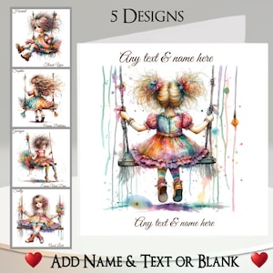Carte Swing Girl : ajoutez votre nom + texte, message à l'intérieur, 5 modèles. Fille originale, fleurs, glands, banderoles, chaussettes, bottes, mignon