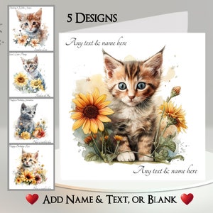 Cat Flowers Card: Add Your Text + Name ~ 5 Designs To Choose From ~ Inside Message ~ Kitten, Cat, Tabby, Ginger, Grey, Feline, Pet, Flowers