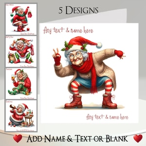 Kerstkaart: tekst en naam toevoegen, bericht binnenin, 5 ontwerpen, grappige oudere dame, oud, hoed, sjaal, winkelen, wijn, hulst, kerstmuts