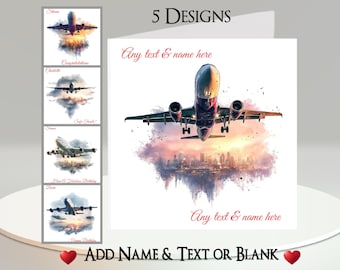 Aeroplane Card: Add Your Text + Name, Inside Message, or Blank. 5 Designs. Airplane, Aircraft, Cabin Crew, Pilot, Airport, Town, City, Cloud