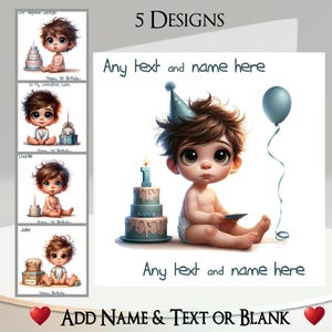 Carte 1er anniversaire : ajoutez votre texte et votre nom, message à l'intérieur, 5 motifs, gâteau d'anniversaire, bébé garçon, tout-petit, bougies, garçon original et fantaisiste, ballon