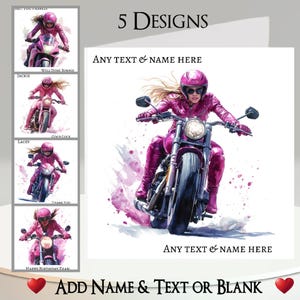 Tarjeta de Moto: Agrega tu texto + nombre, mensaje interior, 5 diseños. Moto, Motociclista, Bicicleta, Mujer, Motociclista, Bicicleta rosa
