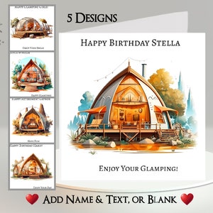 Glampingkaart: tekst en naam toevoegen ~ 5 ontwerpen om uit te kiezen ~ binnenbericht ~ tent, camping, kampvuur, vakantie, vakantie, glampingreis