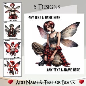 Biglietto d'auguri con fata gotica: aggiungi il tuo testo e nome, messaggio all'interno, 5 design. Ali di fata, gotico, punk, tartan, adolescente