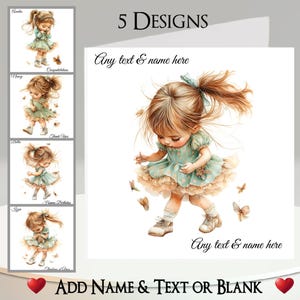 Biglietto "Butterfly Chase": aggiungi il tuo nome e testo, messaggio all'interno, 5 disegni. Bambina acquerello, farfalle, fiori, fiocco per capelli, nastro.