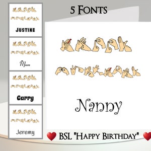 Tarjeta de cumpleaños en lenguaje de señas británico: agregue su texto + nombre ~ Mensaje interior ~ 5 fuentes ~ Feliz cumpleaños en lenguaje de señas británico