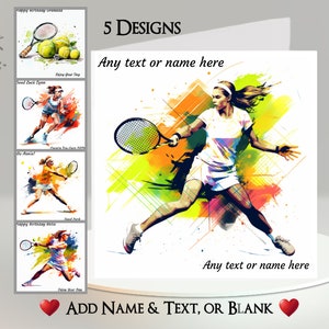 Tarjeta de tenis femenina: Agrega tu texto + nombre, mensaje interior, 5 diseños. Partido de tenis, tenista, pelota de tenis, revés, saque, dos, deporte.