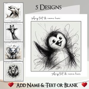 落書き動物カード：テキスト＋名前、メッセージカード、5種類のデザイン。ペンギン、イルカ、キリン、ゾウ、ライオン、線画、ポートレート