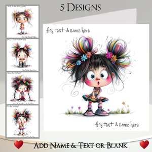 Tarjeta de chica peculiar: agrega tu nombre + texto, mensaje interior, 5 diseños, triste, enojada, gruñona, conmocionada, feliz, celebra, divertida, humor, dibujo
