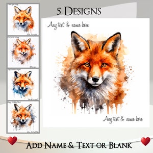 Biglietto volpe: aggiungi il tuo testo + nome ~ messaggio interno ~ 5 disegni ~ disegno di volpe, ritratto di volpe, testa di volpe, volpe, animale selvatico