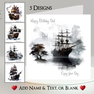 Cartão de navio pirata: adicione seu texto + nome ~ 5 designs para escolher ~ Mensagem interna ~ Navio, navio antigo, barco, mar, saveiro, galeão, navio antigo