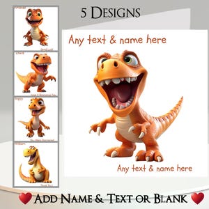 Dinosauruskaart: tekst en naam toevoegen, bericht binnenin, 5 ontwerpen, schattige dinosaurussen, oranje, T-Rex, prehistorisch, Jura, grappig, lachend