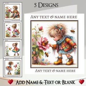 Carte Bee Girl : ajoutez votre nom + texte, message à l'intérieur, 5 modèles. Fille originale, Abeilles, Fleurs, Roses, Tournesol, Printemps, Jardin, Bottes, Mignon