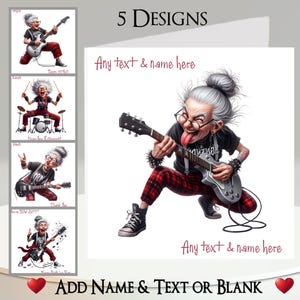 Rocker Lady Card: Add Your Text + Name, Inside Message, 5 Designs. Guitar, Bass, Drums, Heavy Metal, Soft Rock, Musician, Elderly, OAP