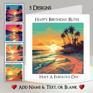 Cartão de praia retrô: adicione seu texto + nome ~ Mensagem interna ~ Praia tropical, pôr do sol, nascer do sol, mar, palmeiras, oceano, ondas, neon, feriado