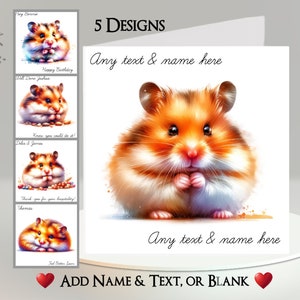 Hamsterkaart: tekst en naam toevoegen ~ bericht binnenin ~ 5 ontwerpen om uit te kiezen ~ schattige hamster, pluizige hamster, knaagdier, huisdier