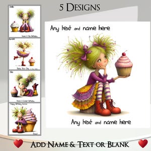 Carte Cupcake Girl : ajoutez votre nom + texte, message à l'intérieur, 5 modèles, gâteau, muffin, cerise, paillettes, fille originale, cheveux longs, mignon, drôle