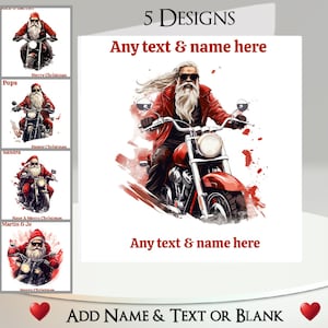 Weihnachtskarte: Füge deinen Namen, Text, Nachricht, 5 Designs, Weihnachtsmann Biker, Santa Biker, Motorrad, Fahrrad, Biker hinzu