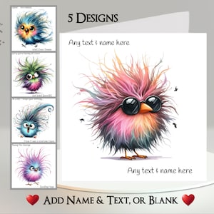 Carte oiseau : ajoutez votre texte + nom ~ message à l'intérieur ~ oiseau drôle, oiseau étrange, oiseau duveteux, lunettes de soleil, lunettes de soleil, couleurs, drôle, humoristique, mignon