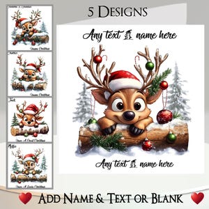 Weihnachtskarte: Fügen Sie Ihren Text + Namen, Innentext, 5 Designs, Rentier, Hirsch, Rehkitz, Geweih, Weihnachtsmütze, Stechpalme, Kugeln, Holzscheit, Schnee