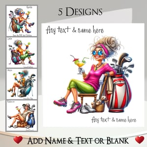 Eigenzinnige golfkaart: voeg je tekst en naam toe, binnenbericht, 5 ontwerpen. Gepersonaliseerd, ladygolfer, golfclubs, par, putt, tee, golfbaan
