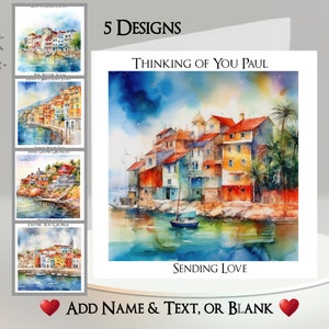 Biglietto d'auguri per città di mare: aggiungi il tuo testo + nome ~ Messaggio interno ~ Città, villaggio, appartamenti, yacht, barca, casa, costa, mare, oceano, palma