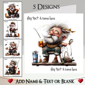 Tarjeta de Pesca: Añade tu texto + nombre, mensaje interior, 5 diseños. Pescador, pez, caña de pescar, hombre peculiar, cerveza, lager