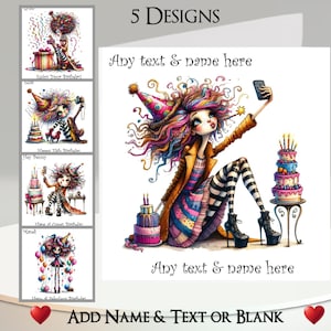 Carte d'anniversaire pour fille : ajoutez votre texte et votre nom, message à l'intérieur, 5 motifs, gâteau d'anniversaire, femme originale, portable, portable, selfie, chapeau de fête, cadeau