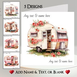 Tarjeta de caravana: agregue su texto + nombre ~ 5 diseños para elegir ~ Mensaje interior ~ Remolque, Camping, Furgoneta, Vacaciones, Fiestas, Viaje, Flores