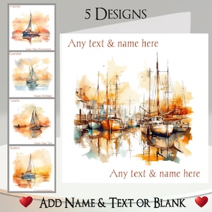 Tarjeta de Velero: Añade tu texto + nombre, mensaje interior, 5 diseños. Yate, Puerto, Navegación, Mar, Océano, Río, Atardecer, Amanecer, Marinero, Viaje