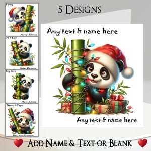Carte de Noël : ajoutez votre texte et votre nom, message à l'intérieur, 5 motifs, panda, bonnet de père Noël, bambou, lumières de Noël, cadeau, cadeau, sapin, boule de Noël