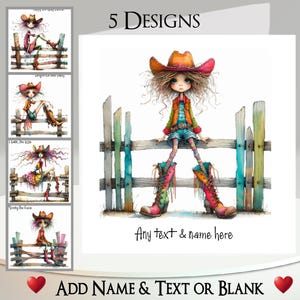 Carte de cow-girl : ajoutez votre texte et votre nom, message à l'intérieur, 5 modèles au choix ~ fille originale, western, Far West, chapeau de cowboy, bottes de cowboy
