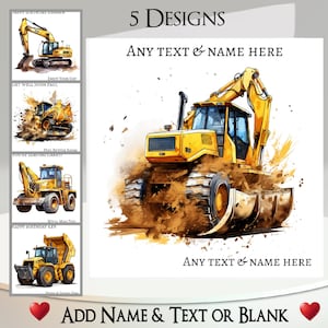 Bouwvoertuigkaart: tekst en naam toevoegen, bericht aan de binnenkant, 5 ontwerpen ~ Graafmachine, stoomwals, graafmachine, bulldozer, steengroeve, bouwer