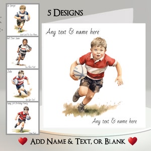 Tarjeta de rugby: agrega tu texto + nombre ~ Mensaje interior ~ Rugby, pelota de rugby, jugador de rugby, partido de rugby, entrenador, try, scrum, tackle, botas, deporte