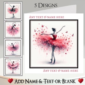 Tarjeta de bailarina: agrega tu texto + nombre, mensaje interior, 5 diseños, ballet, zapatillas de ballet, mariposa, bailarina, baile, tutú, recital, música