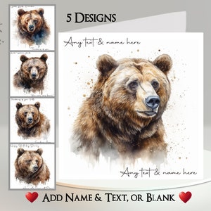 Carte ours : ajoutez votre texte et votre nom ~ message intérieur ~ ours brun, bruin, grizzli, faune sauvage, animal sauvage, dessin d'ours, aquarelle