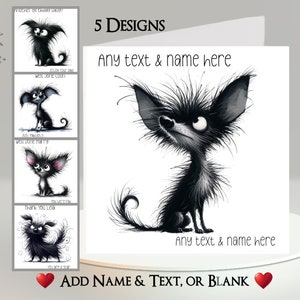 Hondenkaart: tekst + naam toevoegen ~ 5 ontwerpen om uit te kiezen ~ binnenbericht ~ grappige zwarte hond, pluizig, schattige hond, grote ogen, grote oren, humoristisch