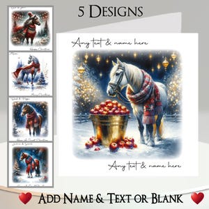 Kerstkaart: tekst en naam toevoegen, bericht binnenin, 5 ontwerpen, paard, sjaal, muts, kerstverlichting, sneeuw, ijs, appels, kerstboom